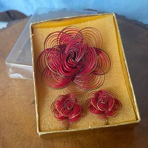 Vintage Bamboo Red Floral Jewelry Set In Original Packaging